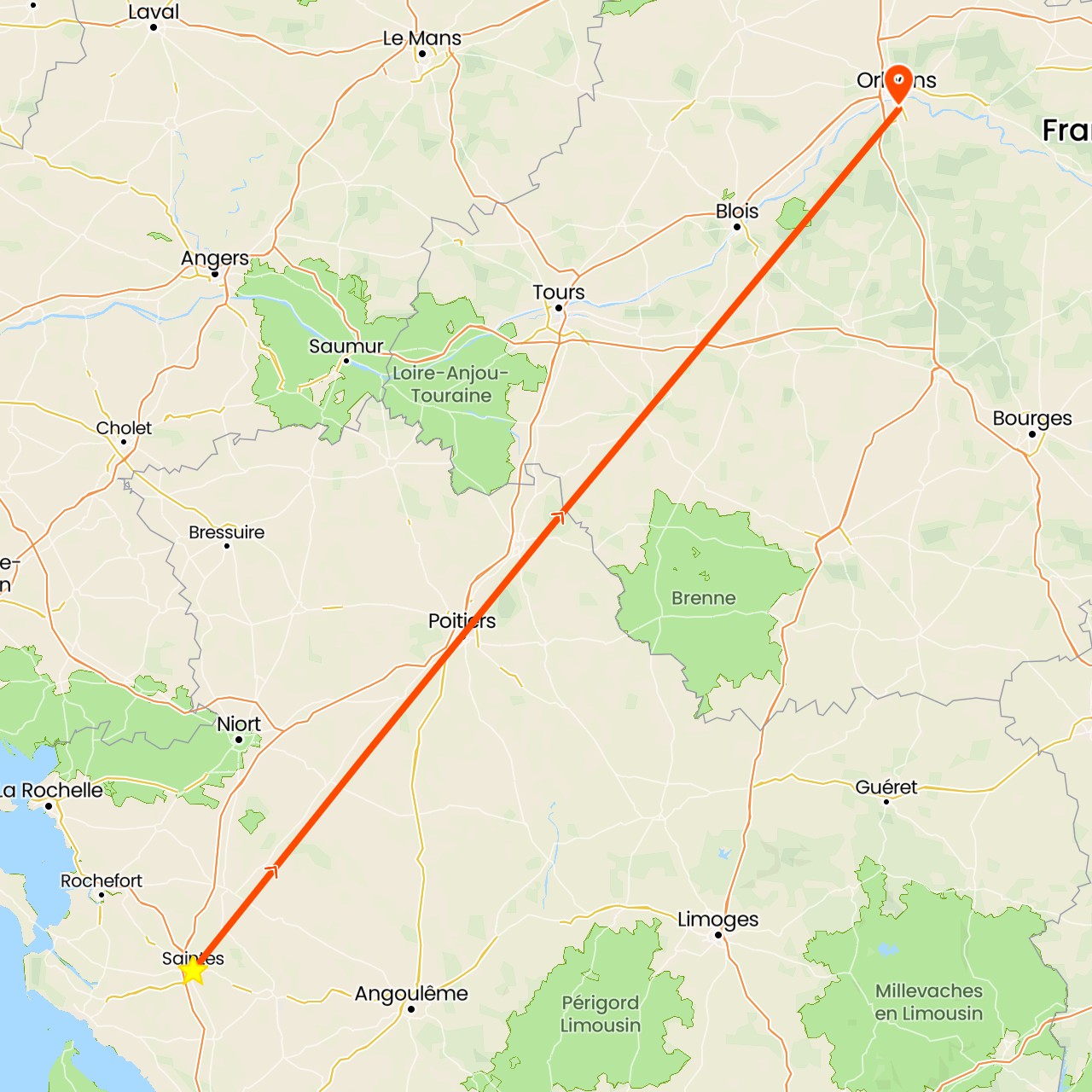 TravelMap itinerary: driving, saintes in France (Europe)