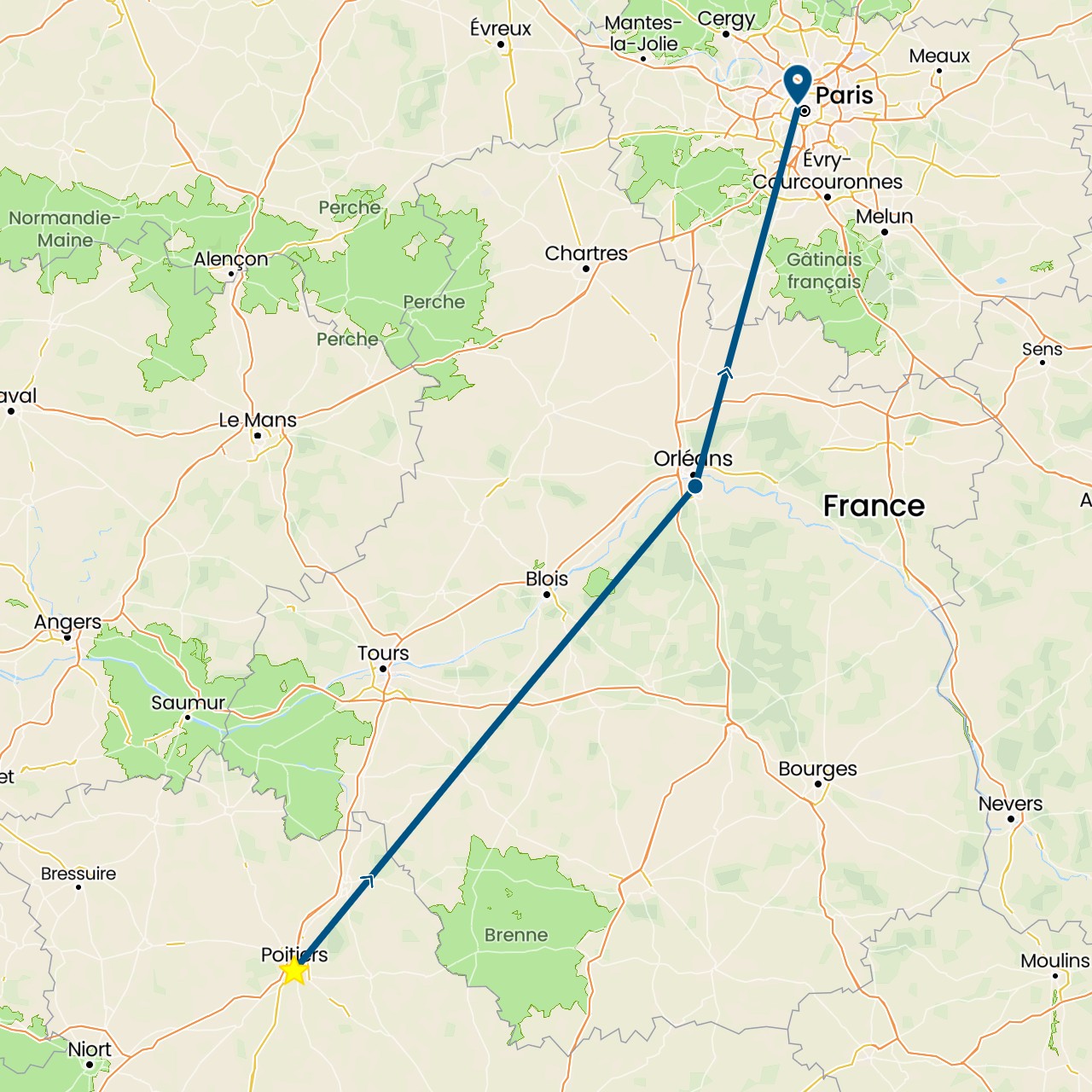 TravelMap itinerary: driving, poitiers in France (Europe)