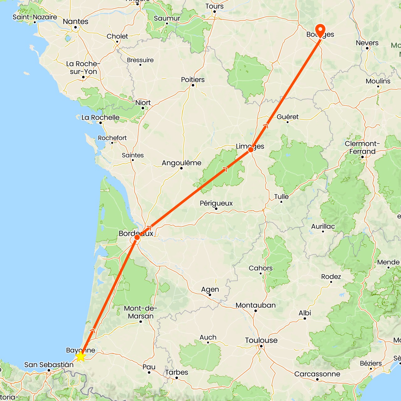 TravelMap itinerary: driving, bayonne in France (Europe)