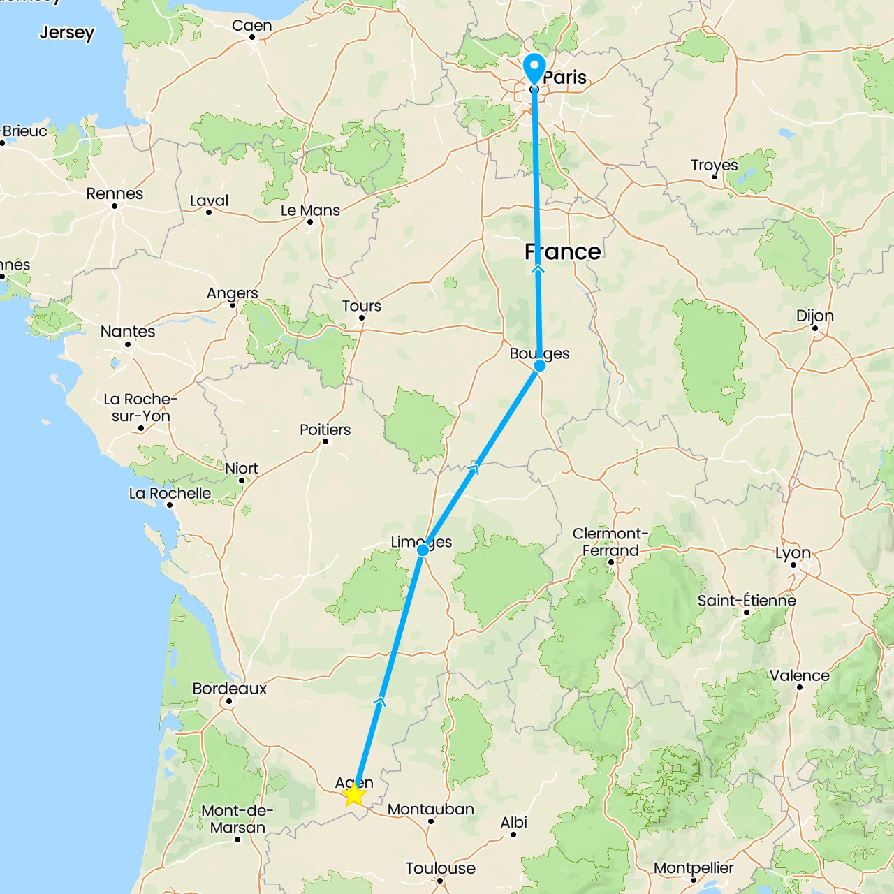 TravelMap itinerary: driving, agen in France (Europe)