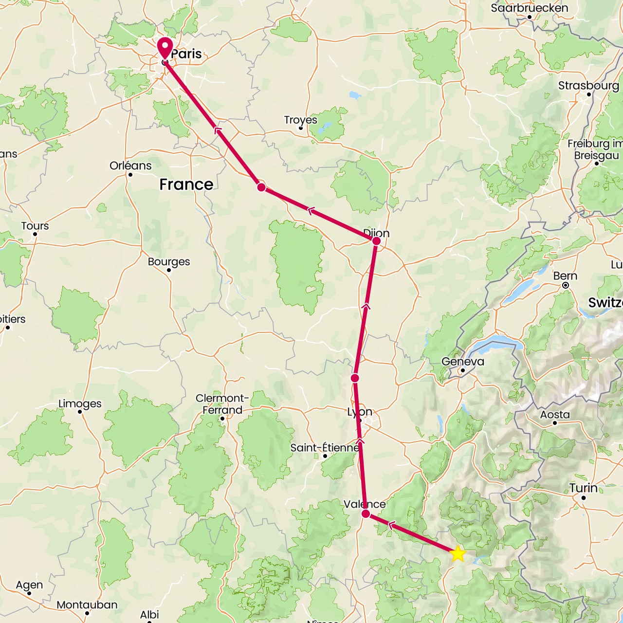 TravelMap itinerary: driving, gap in France (Europe)