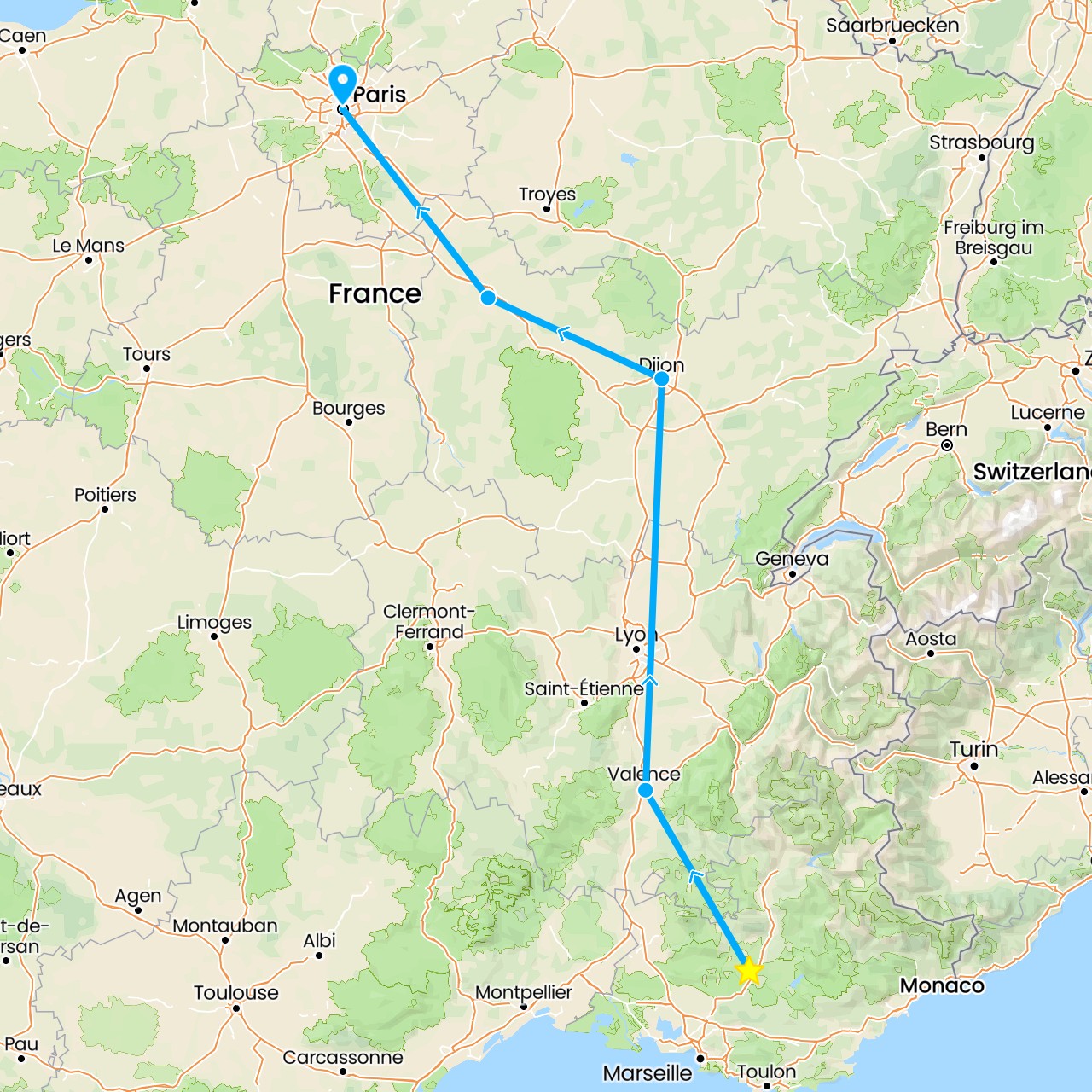 TravelMap itinerary: driving, manosque in France (Europe)