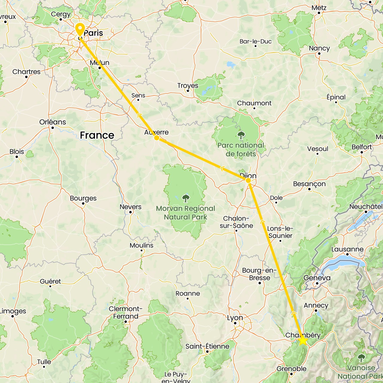 TravelMap itinerary: driving, chambéry in France (Europe)