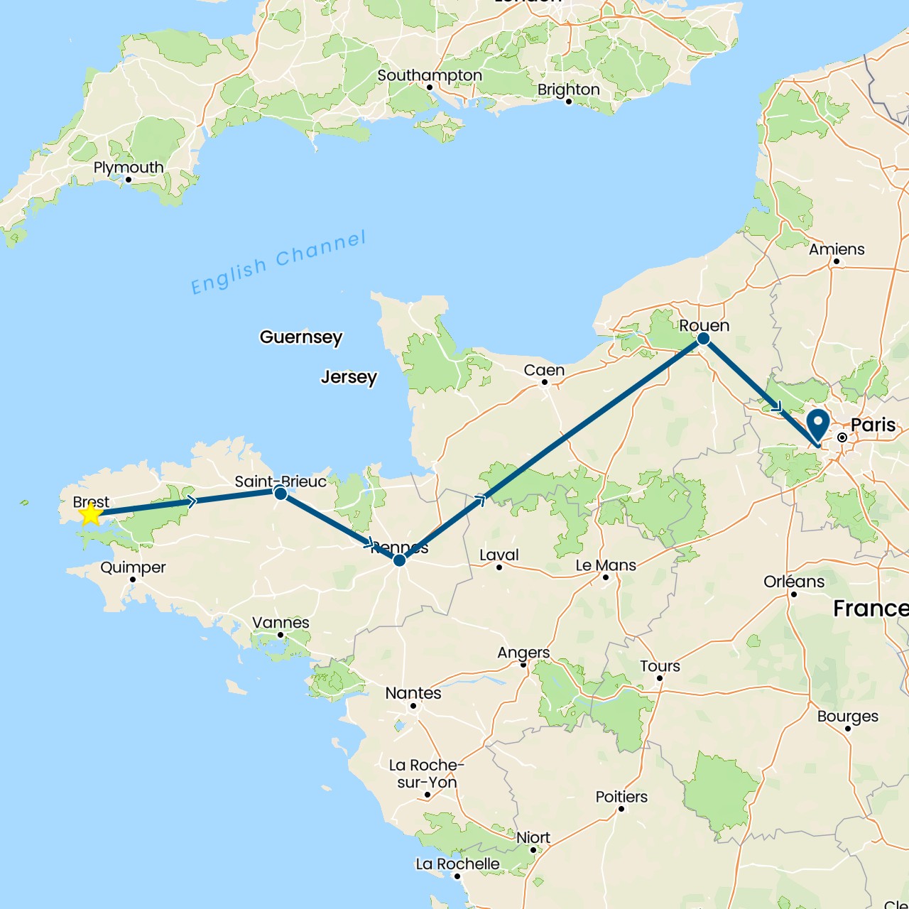 TravelMap itinerary: driving, brest in France (Europe)