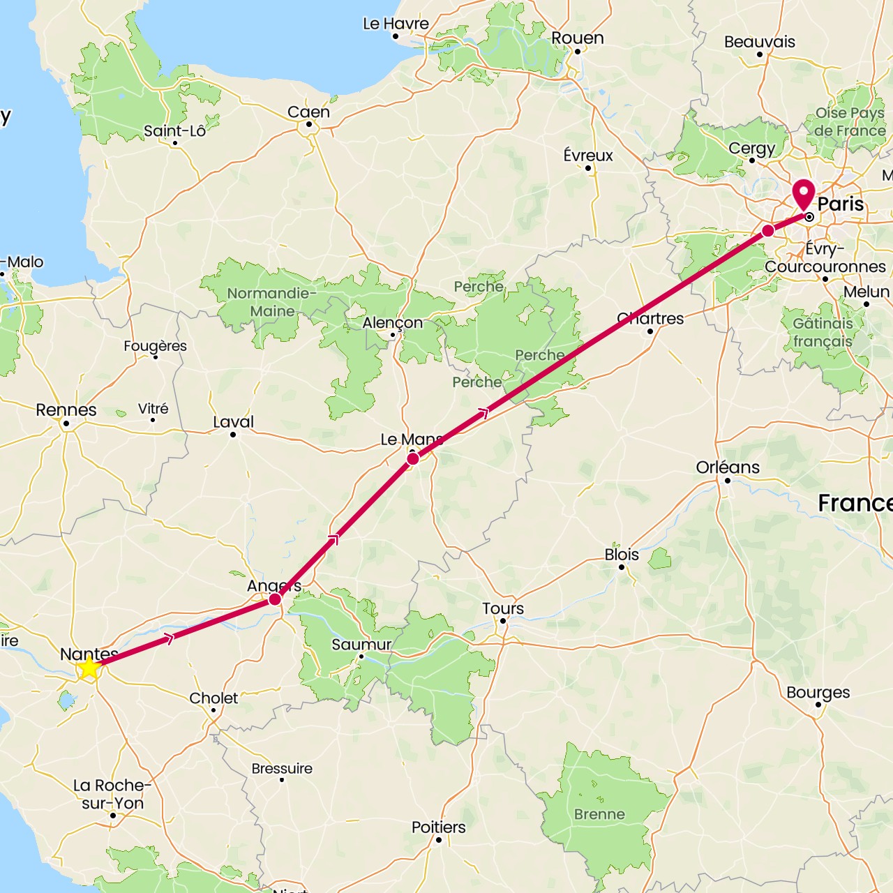 TravelMap itinerary: driving, nantes in France (Europe)