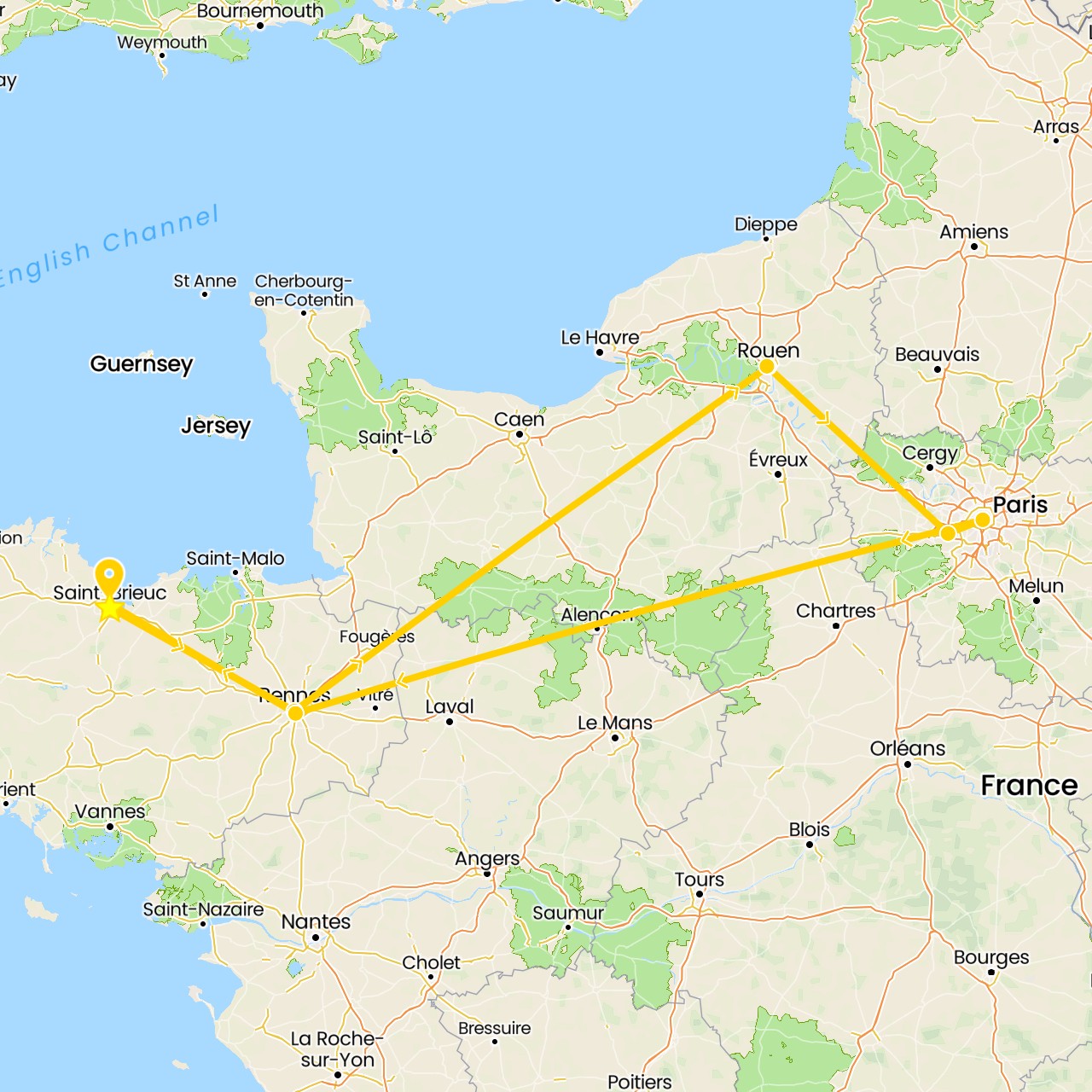 TravelMap itinerary: driving, saint-brieuc in France (Europe)