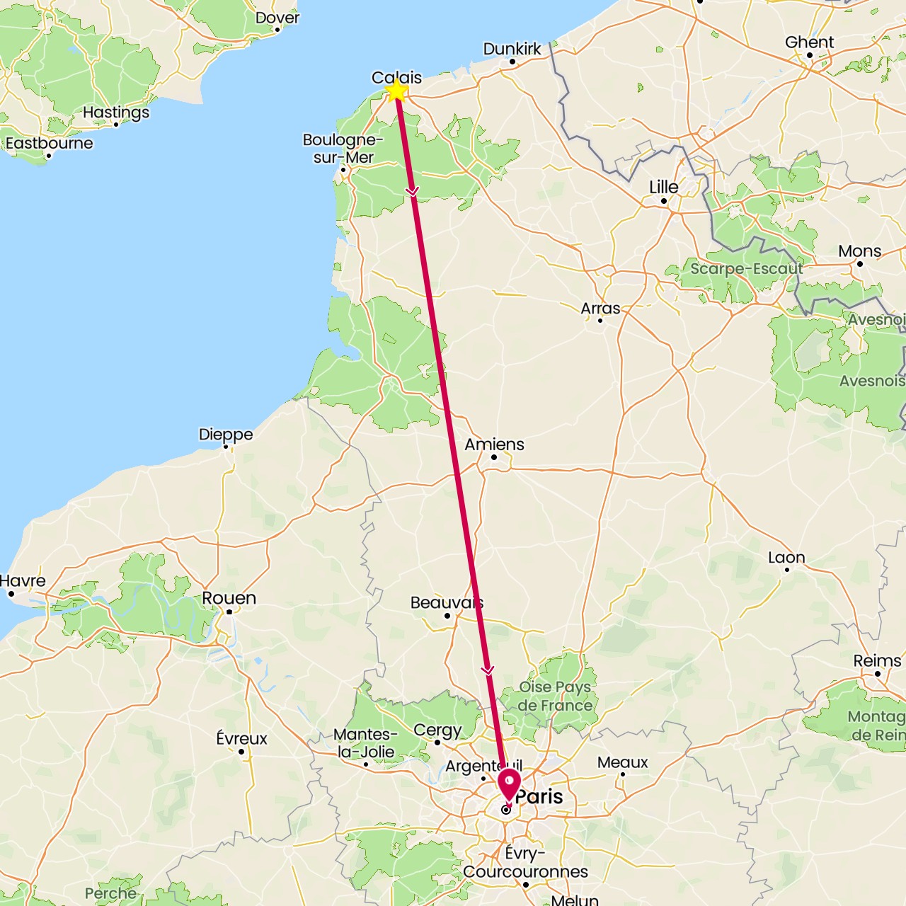 TravelMap itinerary: driving, calais in France (Europe)