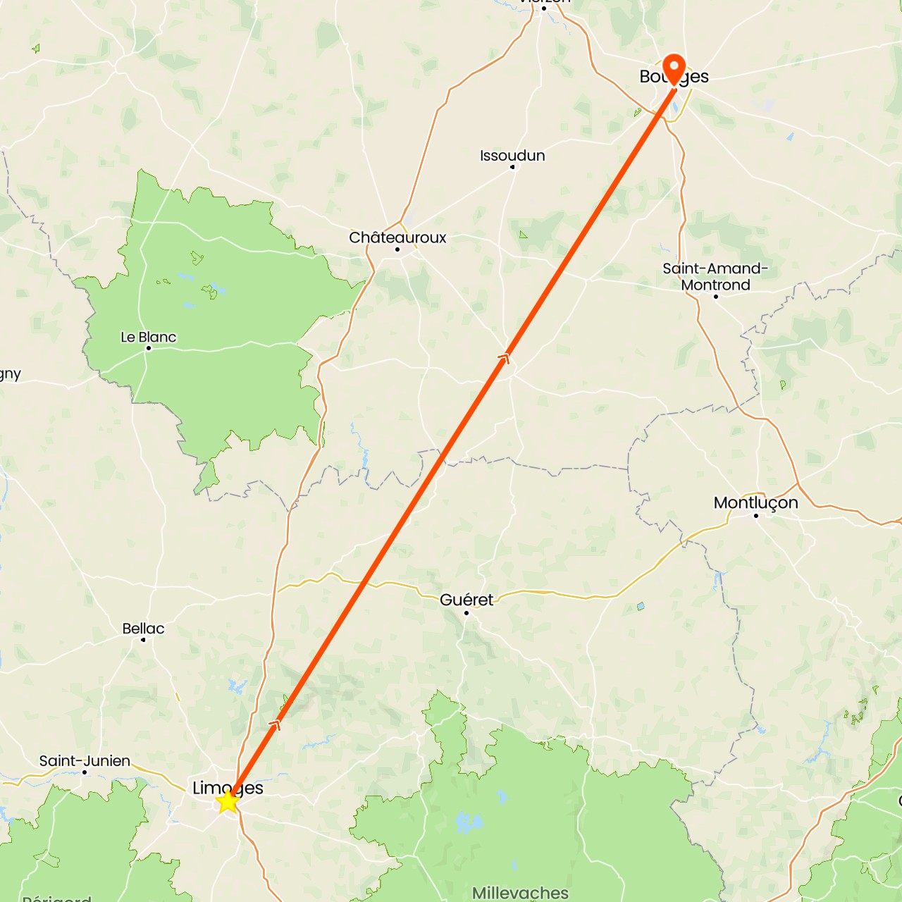 TravelMap itinerary: driving, limoges in France (Europe)