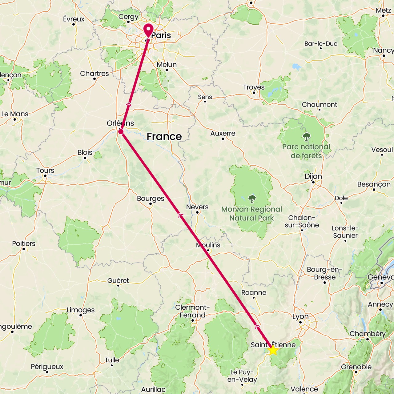 TravelMap itinerary: driving, saint-etienne in France (Europe)