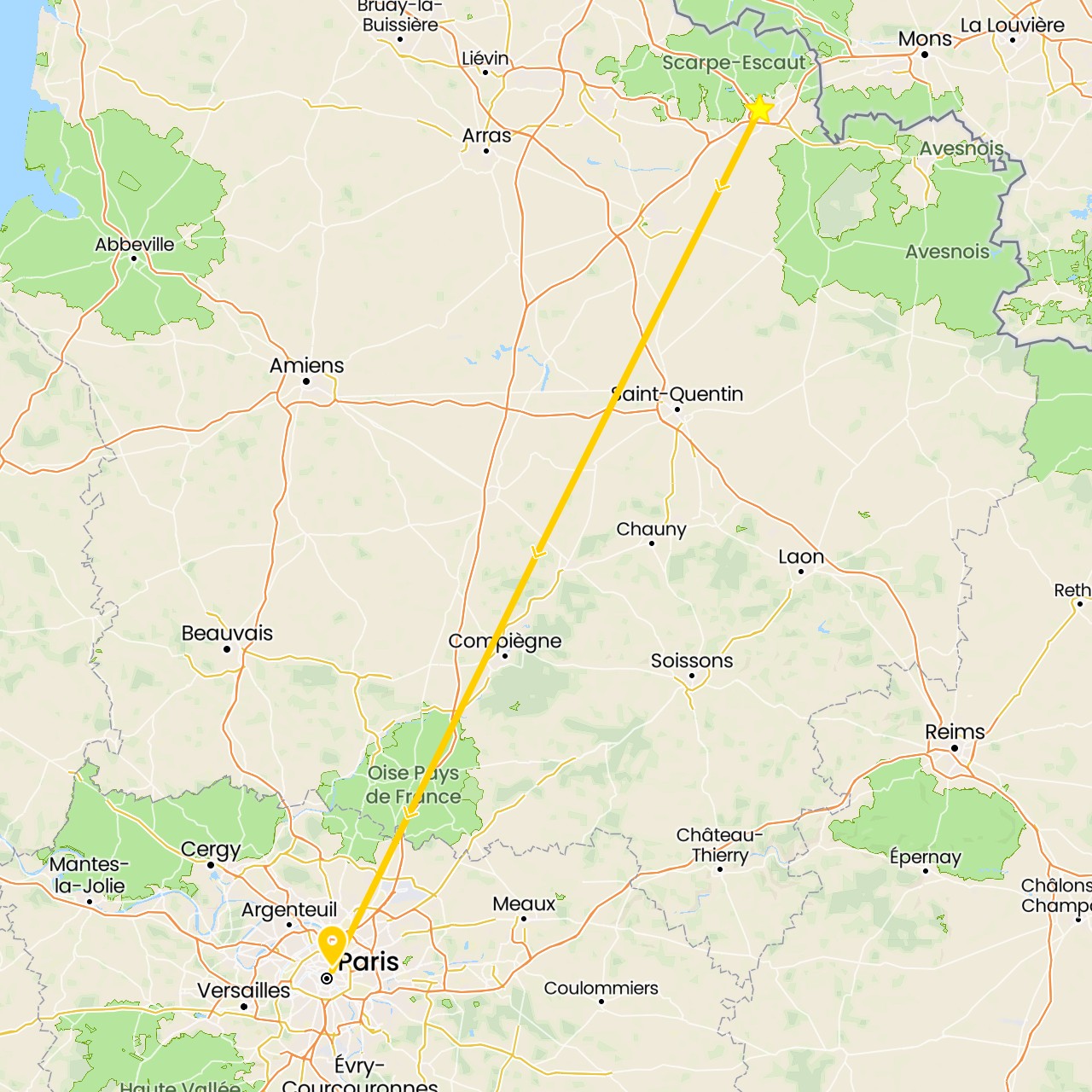 TravelMap itinerary: driving, valenciennes in France (Europe)