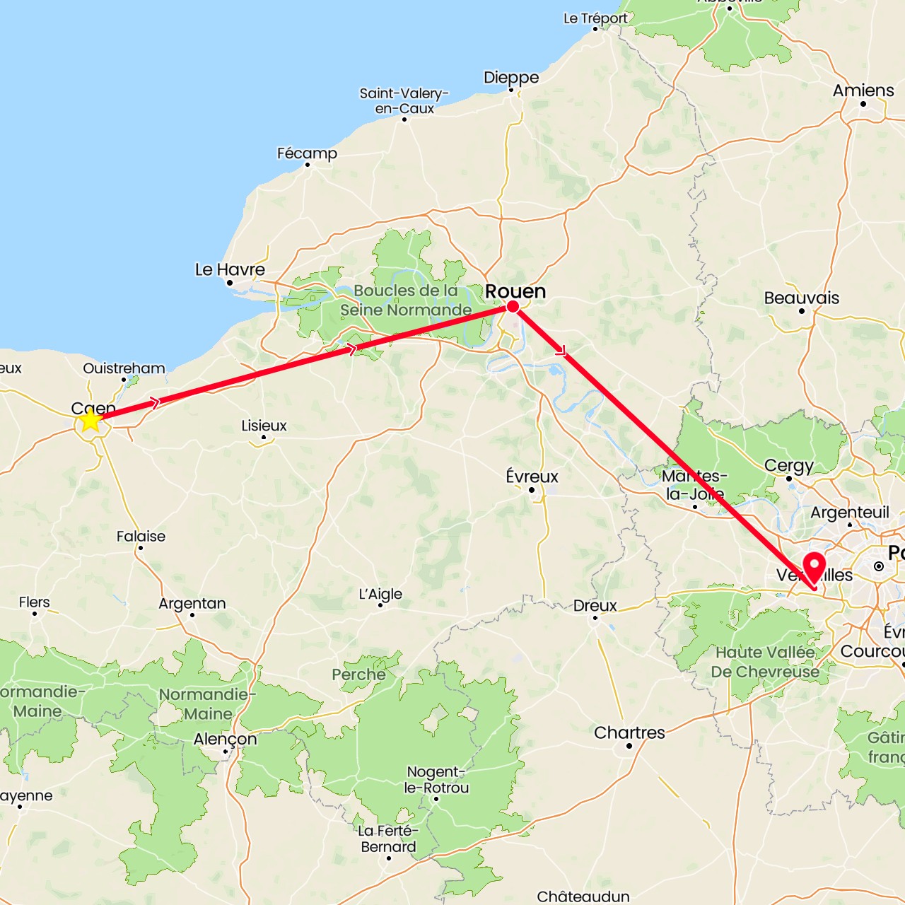 TravelMap itinerary: driving, caen in France (Europe)
