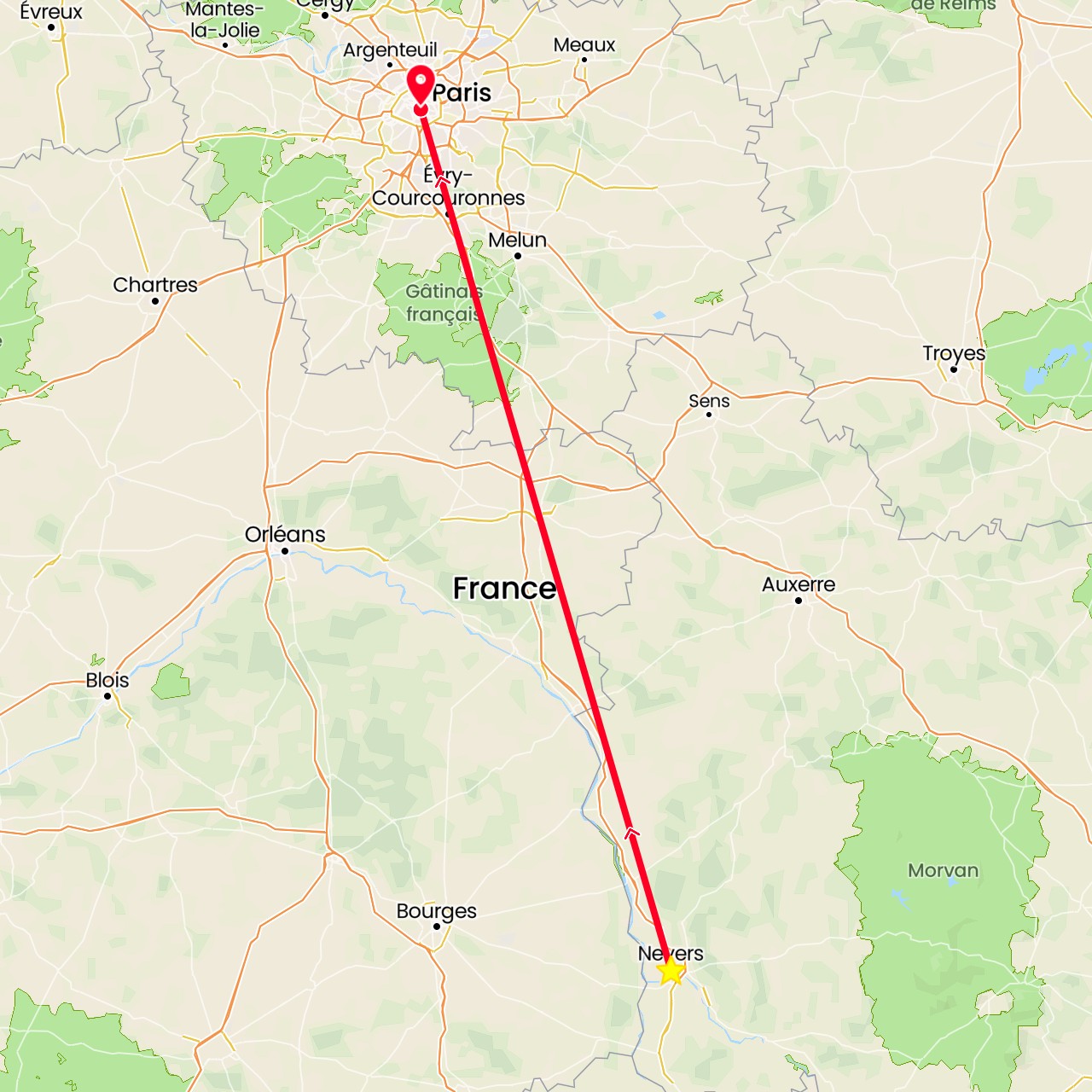 TravelMap itinerary: driving, nevers in France (Europe)