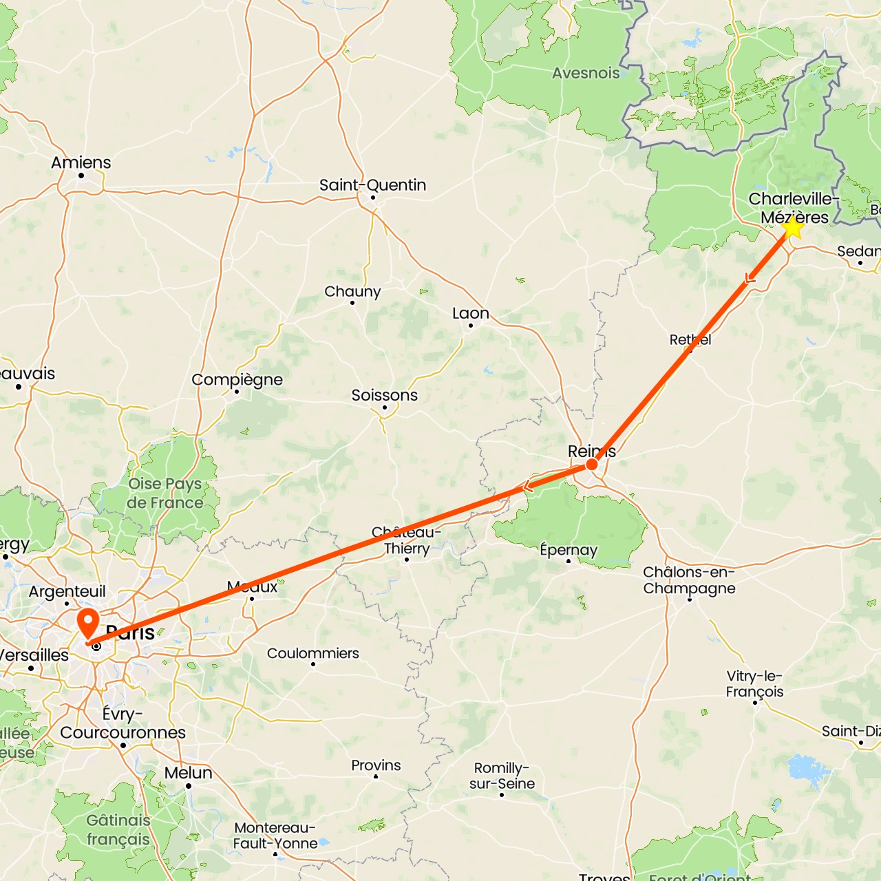 TravelMap itinerary: driving, charleville-mézières in France (Europe)